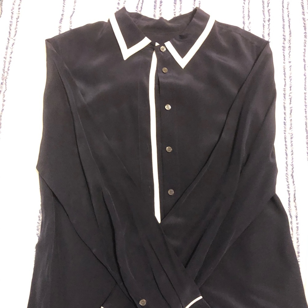 J.Crew Navy Silk Shirt w/ White Piping